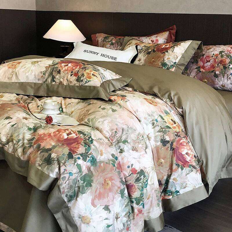 1000TC Egyptian Cotton Vintage Oil Painting Style Flowers Print Bedding Set Duvet Cover Flat/Fitted Bed Sheet Pillowcase 4Pcs H260312