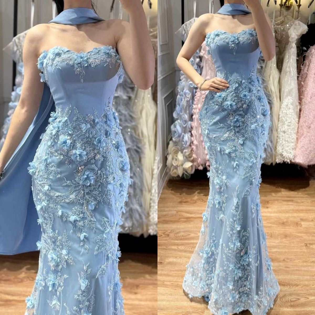 Princess 3D Flowers Evening Dresses Strapless Sleeveless Mermaid Prom Gowns Special Occasion Party Customized