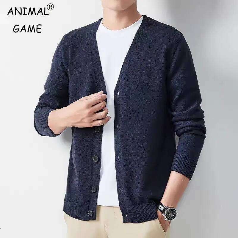 Animal Game Mens Cardigan Long Button Down Cold Blouse Solid Color Winter Thick Men's Knitwear Woolen Knit Sweater