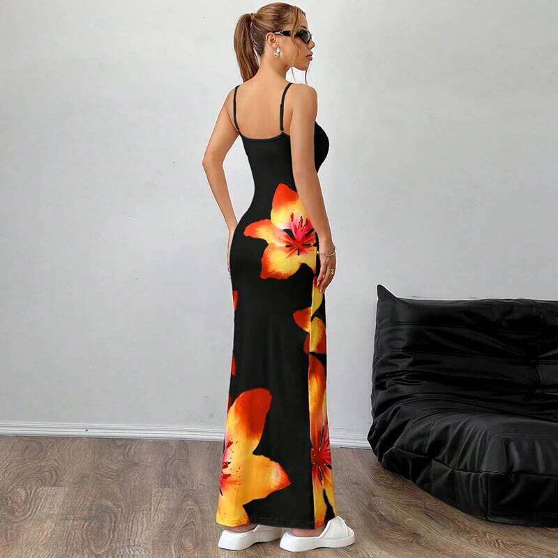 Women Summer Spaghetti Strap Casual Floral Print Bodycon Party Dress for Vacation Cocktail Beach Streetwear C260311