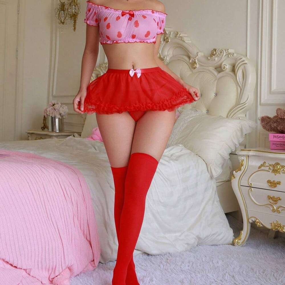 Women Strawberry Theme Costume Set Pink Polka Dot Top with Red Tutu Skirt and Thigh-High Socks for Cosplay, Party, or Romantic Wear