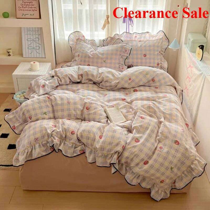 New cream lace girl powder grid Korean version bed four-piece set washed cotton double-layer yarn quilt cover dormitory H260312