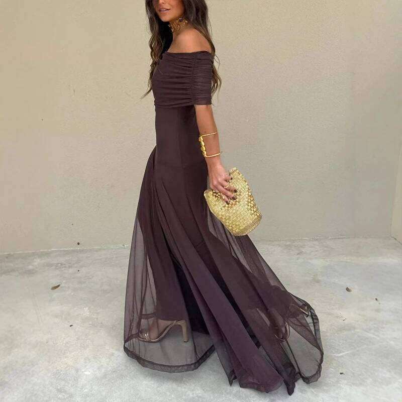 Sexy Sleeveless Commuter Fashion Hight Waist Strapless Slim Long Women Elegant Mesh Splicing Solid Color Party Dress C260311