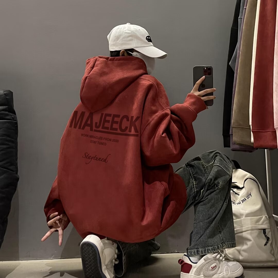 Pink Suede Hooded Sweatshirt For Men Spring And Autumn Trendy Designer Hoodie Brand Ins Heavyweight Cool Couple Loose Plus Size Casual Jacket