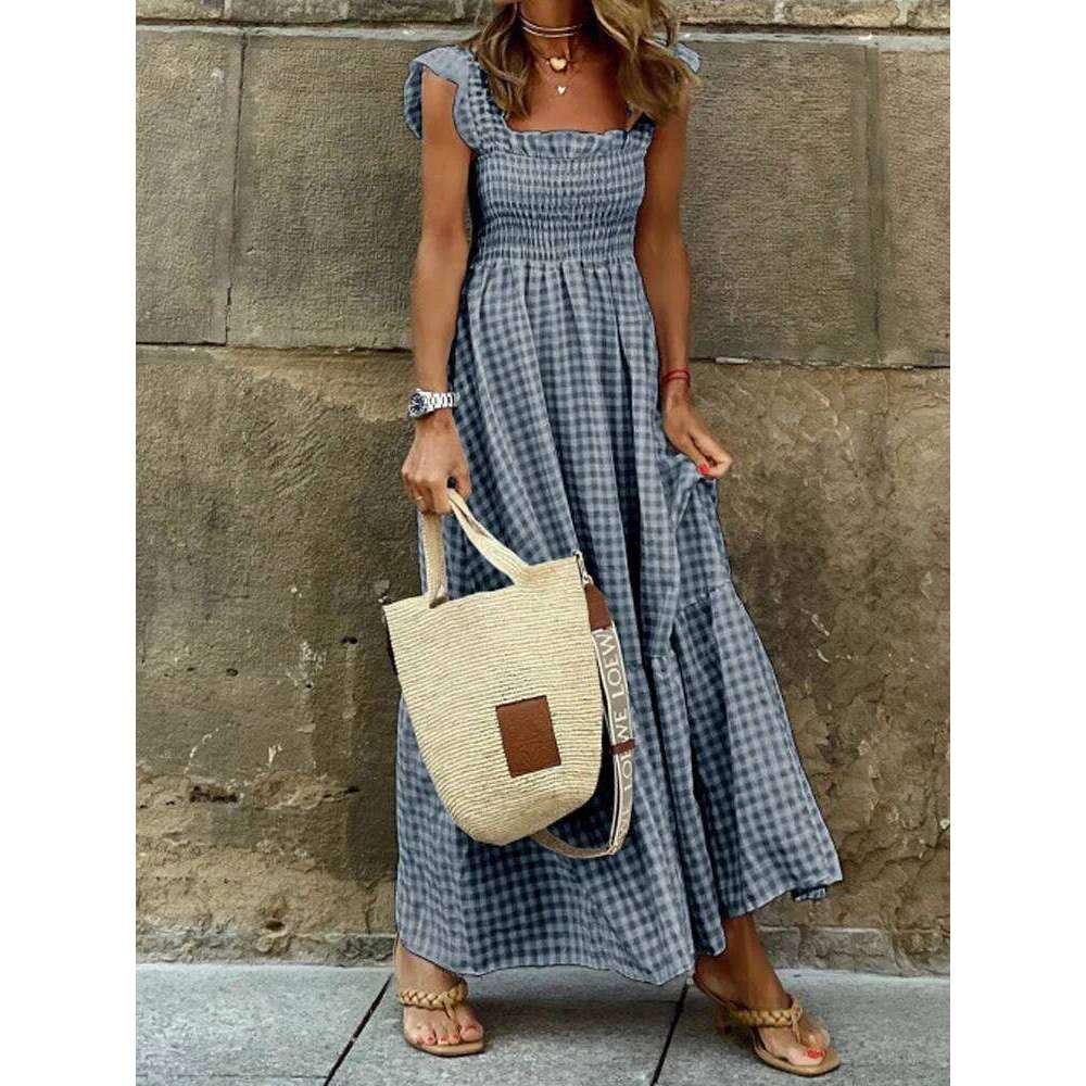 Elegant Plaid Slip Maxi Long Dress Summer Women Strapless Ruffle Backless Pleated Elastic Waist Boho Party Swing Loose Dresses C260312