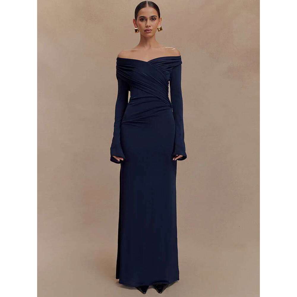 Mozision Autumn V Neck Sleeve Sexy Maxi Dress For Women Gown Fashion Solid High Waist Ruched Bodycon Club Long Dresses C260312