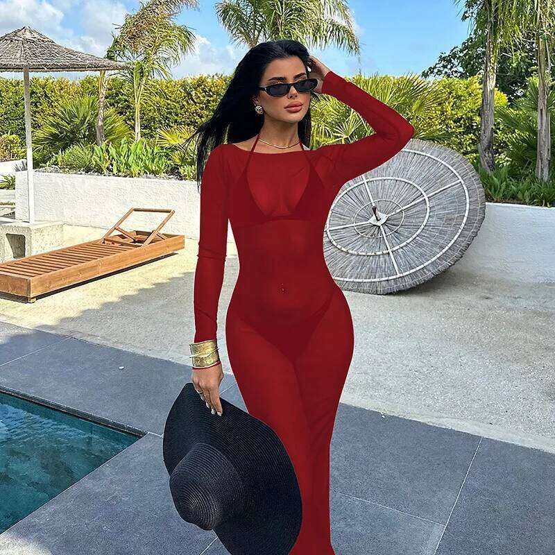 Women's Sexy Floor-Length Solid See Through Long Sleeve Maxi Dresses 2025 Fashion Beach Swimsuit Cover C260311