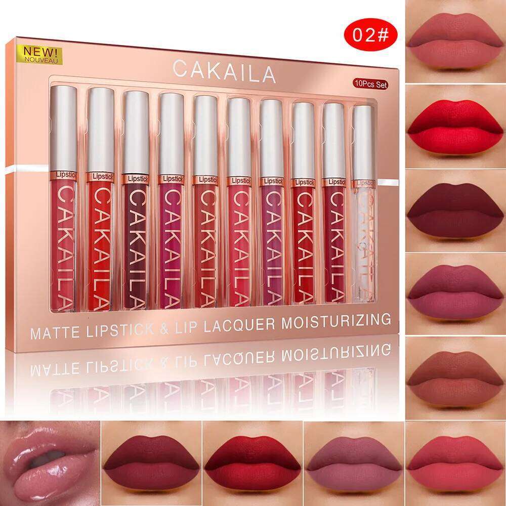 CAKAILA 10 pcs Matte Velvet Nude Lip Gloss Set Lipstick color showing waterproof non-stick liquid lipstick lip gloss W260311