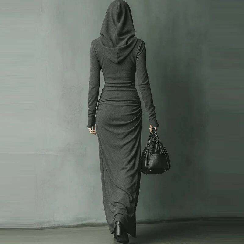 Women Casual Sleeve Slim Fit Maxi Elegant Side Split Hooded Long Fashion Draped Design Solid Color Party Dress C260312