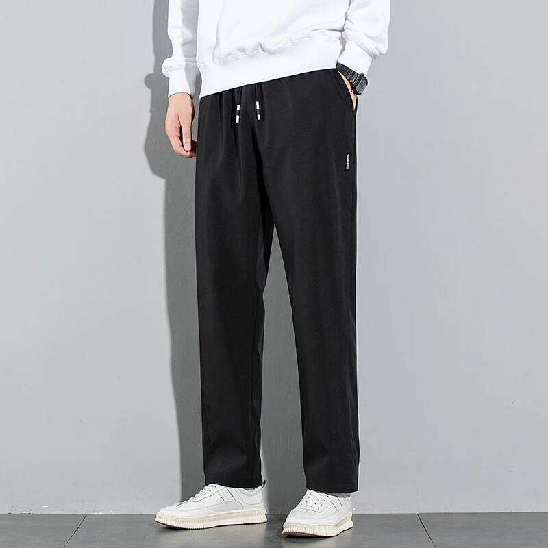 Ice Silk Men's 2025 Summer New Black Gray Thin Business Casual Pants Outdoor Elastic Breathable Straight Leg Sweatpants