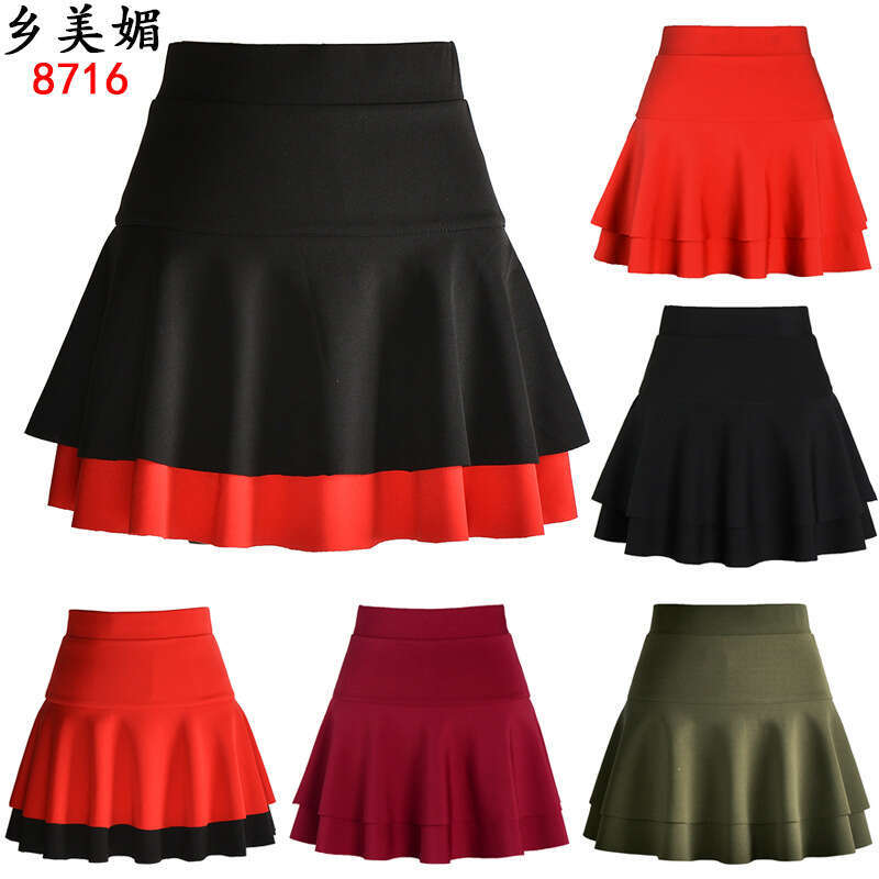Spring and summer new double-layer color-blocking sailor dance plus-size cake skirt high-waisted A-line dance short skirt puffy half-skirt