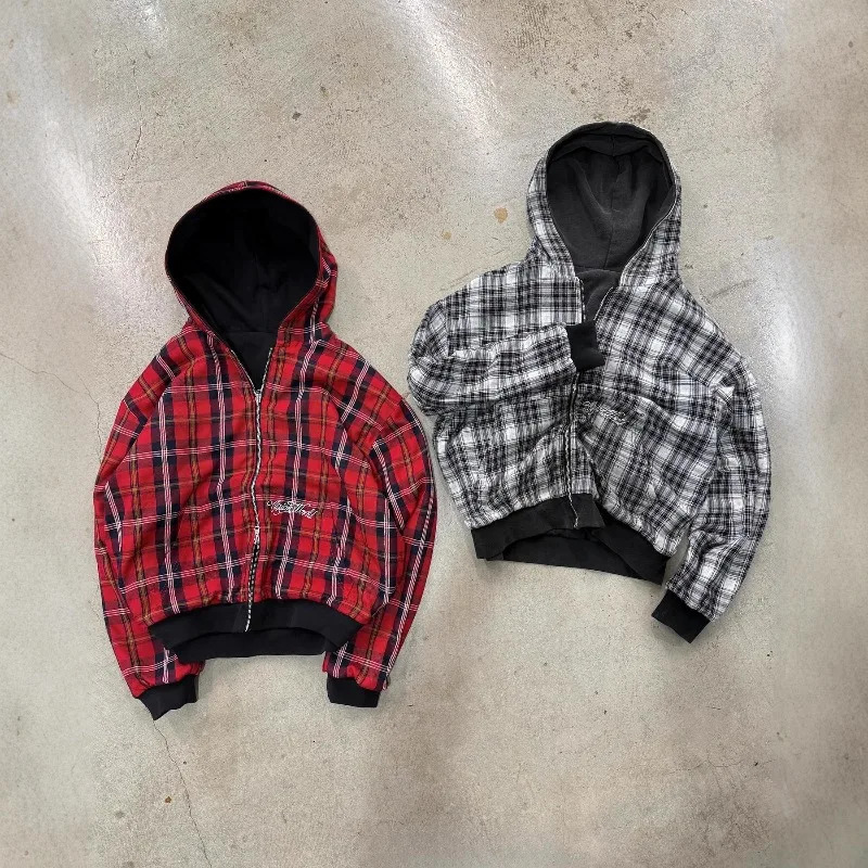 Harajuku Y2K Mens Hoodie Tracksuit Autumn Winter Two-Way Wear Plaid Zip Up Sweatshirt Casual Streetwear Retro Fashion Style 260311