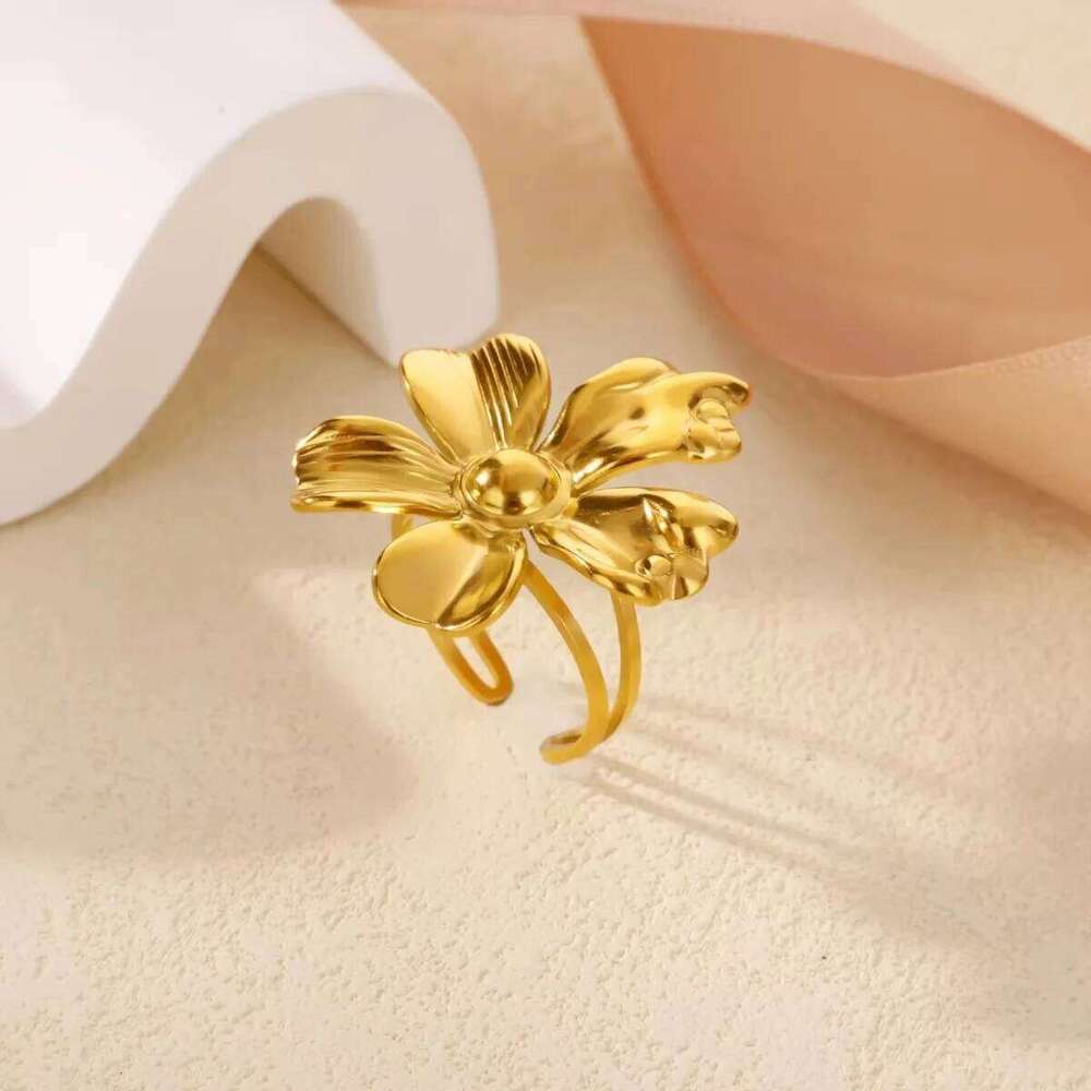 Exaggerated Big Bloom Flower Rings For Women Gold Color Stainless Steel Sunflower Open Finger Ring Female Fashion Jewelry Gifts H260312
