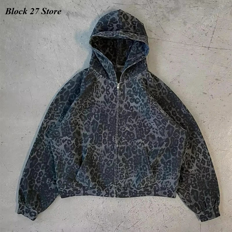 Mens Leopard Print Hoodie Autumn Winter Gothic Streetwear Zip Up Jacket Vintage Denim Kangaroo Pocket Loose Fit Fashion 260311