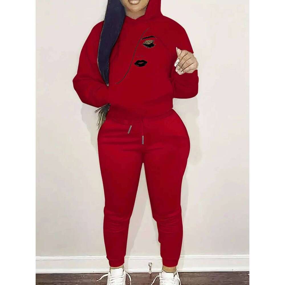 Women's autumn and winter fashionable casual eyelash eye pattern printed thick warm hooded sweatshirt+sports pants set C260312