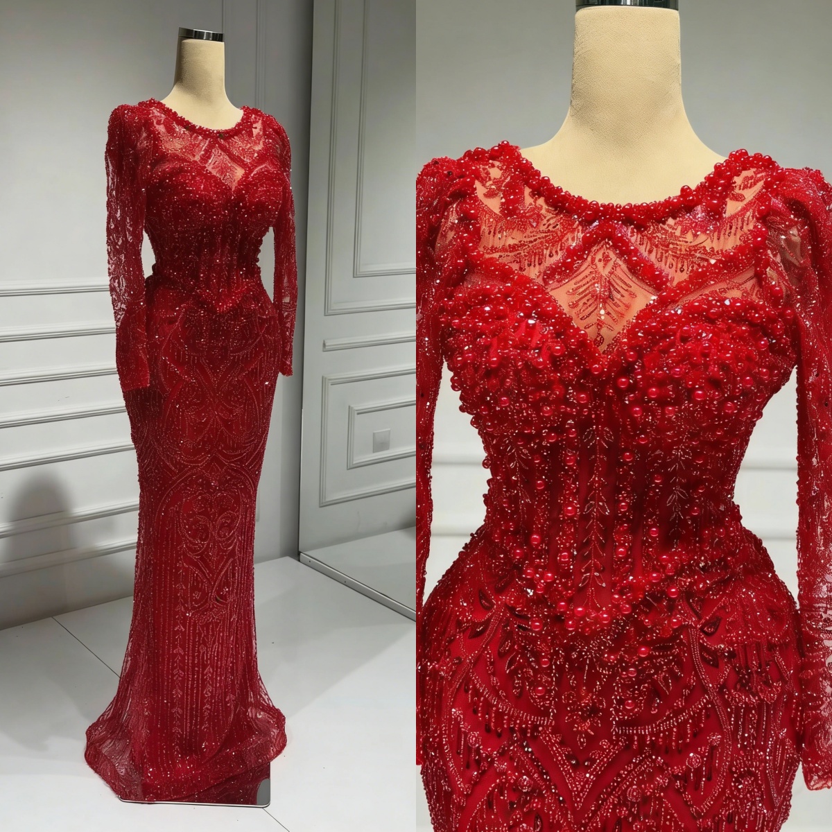 Vintage Evening Dresses For Women Jewel Neck Long Sleeves Gown Sequins Beaded Floor Length Dress Party Customized Dress