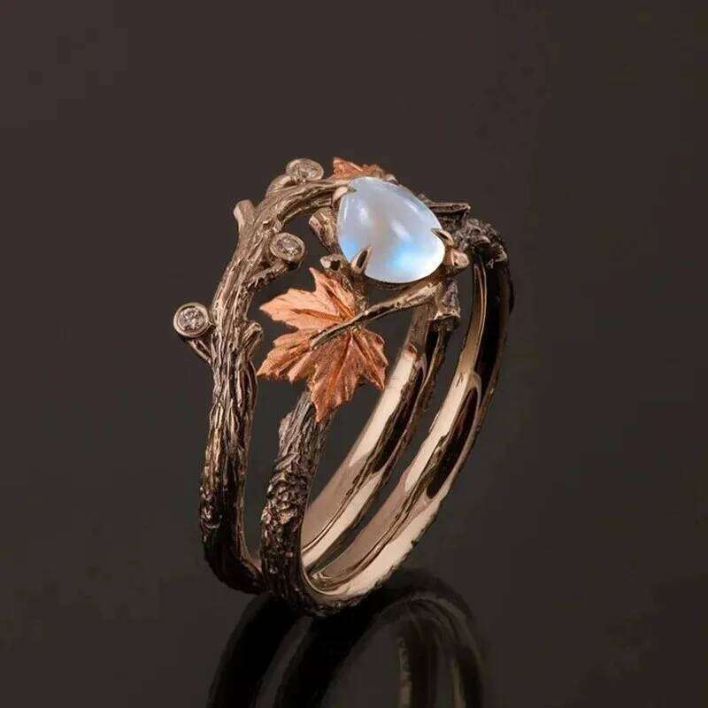 Vintage Boho Hollow Leaf Moonstone Ring for Women Niche Design Fashion Ethnic Rings Vocation Jewelry Gifts H260312