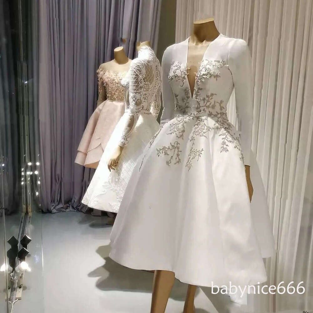 Elegant A Line Satin Short Wedding Dresses Sexy V Neck Long Sleeves Appliques Beads Knee-Length Arabic Bridal Gowns Vestido De Novia M12