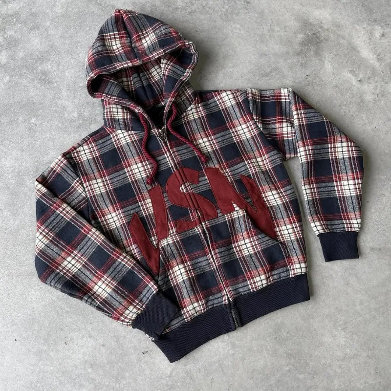 American retro fashion plaid embroidered hooded sweatshirt for men and women loose casual zipper cardigan on the street 260311