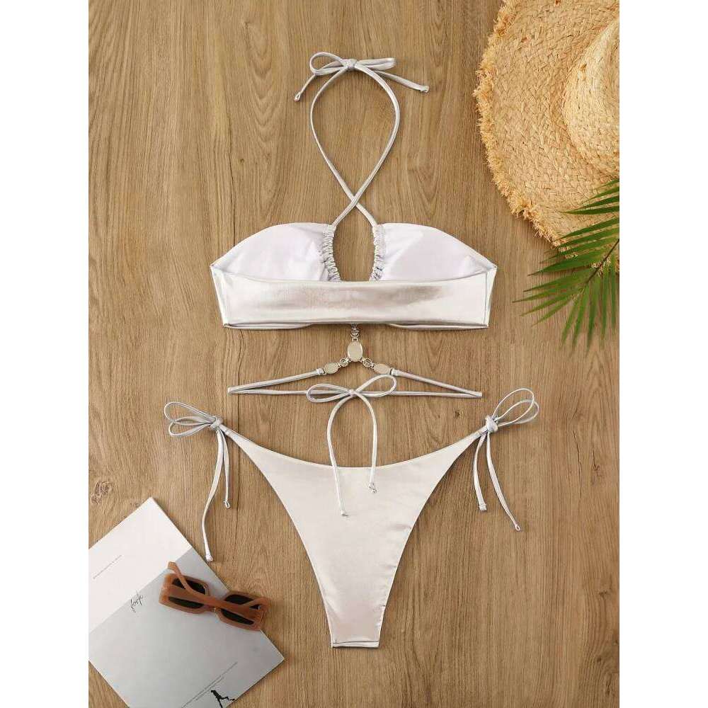 Bikini Women Swimsuit 2026 New Gold Halter Lace Bikinis Set Sexy Swimwear Cover Up Two Piece Beach Bathing Suit Female Y260303