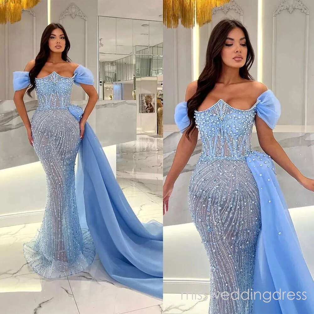 Luxury Pearls Mermaid Evening Dresses Off Shoulder Prom Detachable Train Sequined Beaded Formal Party Dress for Special Occasion