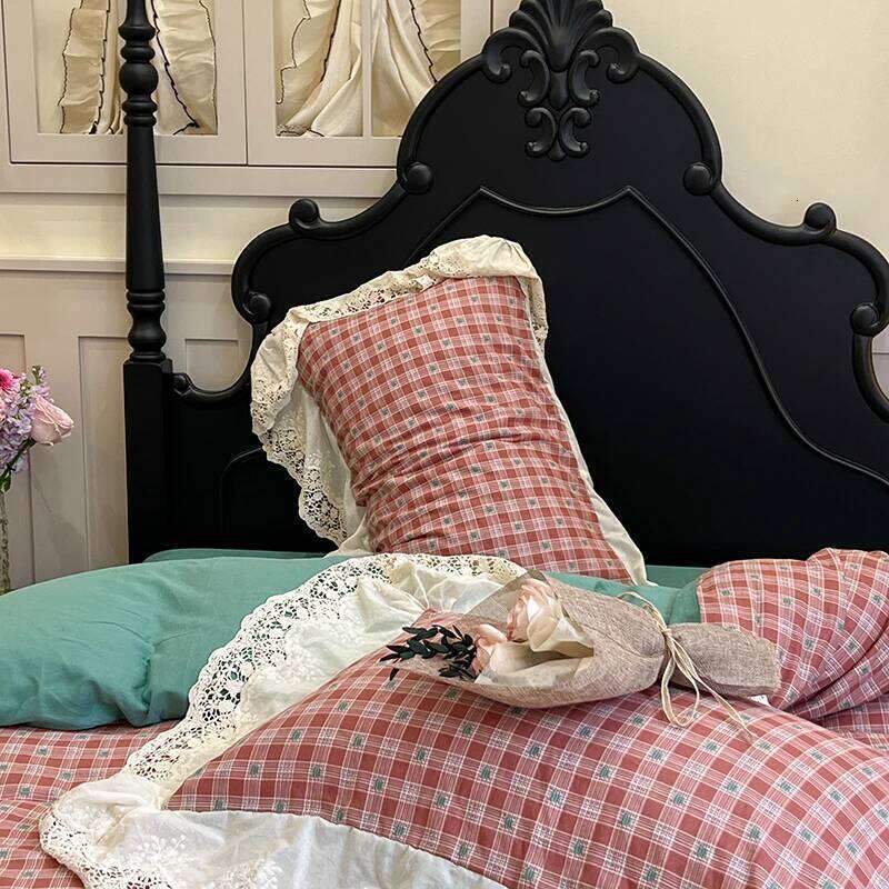 Vintage Plaid Pure Cotton double-layer yarn four-piece set French lace Bedding Set Duvet Cover Pillowcases Flat/Fitted Bed Sheet H260312