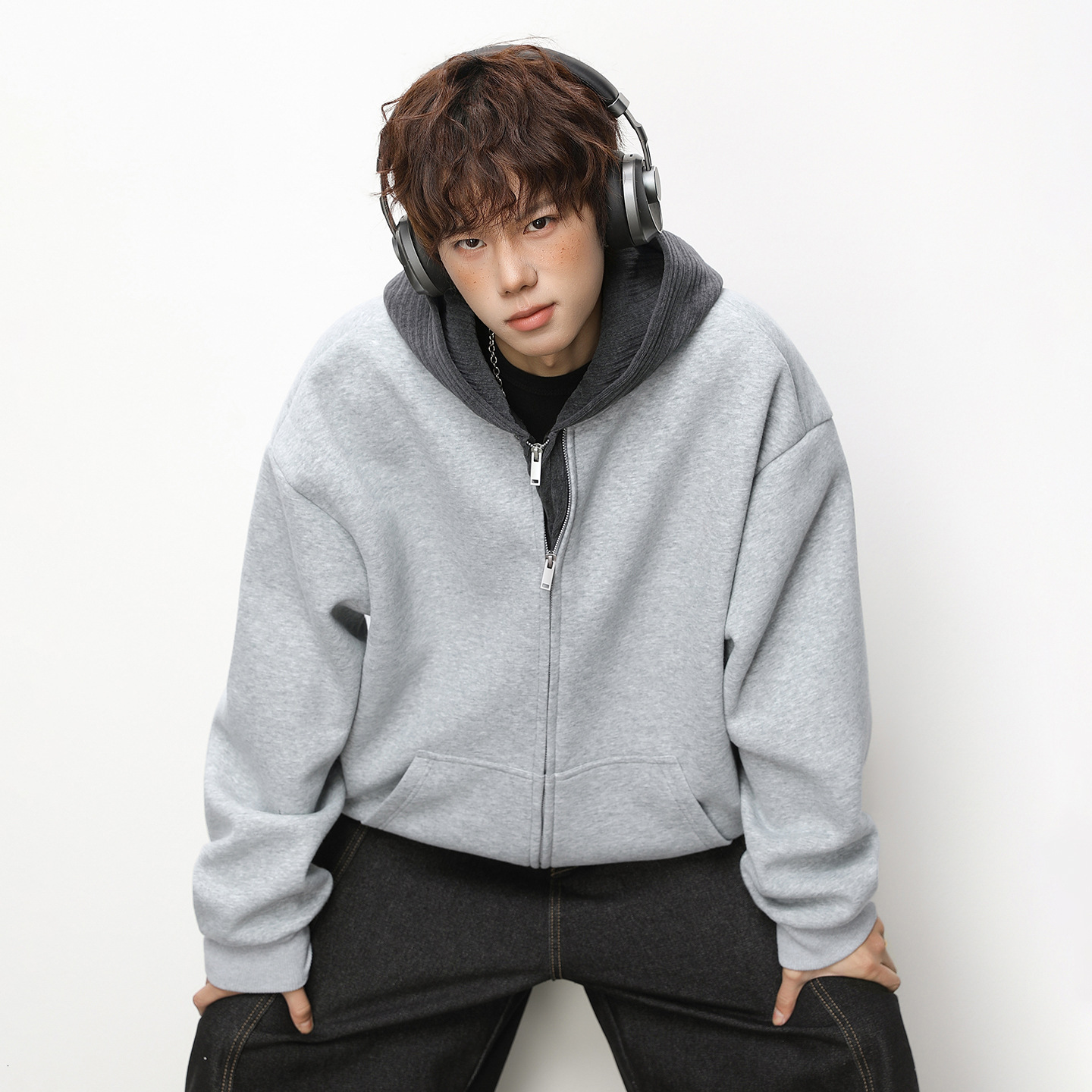 Color-block Knitted Patchwork Fake Two-piece Hooded Sweatshirt For Designer Hoodie Men Spring Heavy Texture Casual Hoodie Jacket