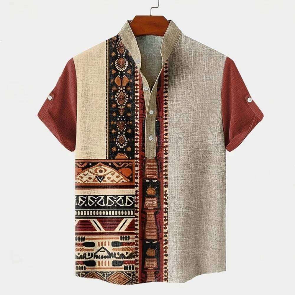 Retro linen men's short sleeved shirt, fashionable trend, loose top, street outdoor, casual and comfortable