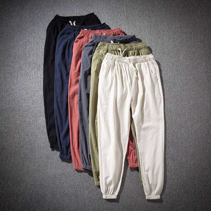 Cotton Linen Harem Solid Elastic Waist Streetwear Joggers 2022 New Baggy Drop-crotch Pants Casual Trousers Men Running