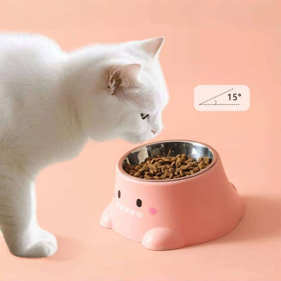 Cartoon Dinosaur 15 Tilted Pet Bowl: Elevated Stainless Steel Dish with Neck Support - Fun Cute Feeder for Cats & Puppy 26Y0312