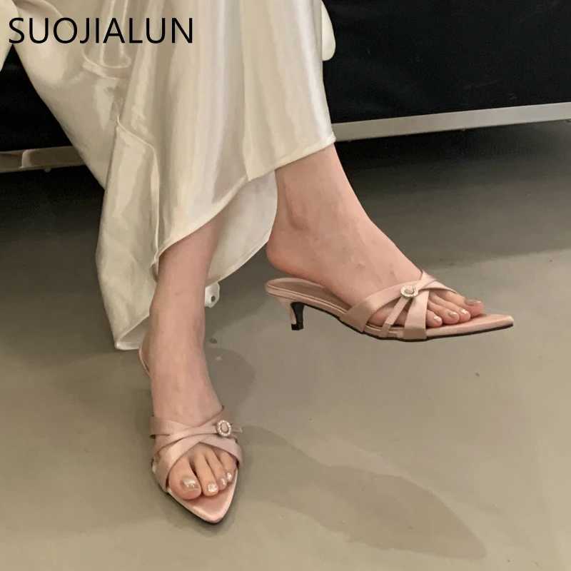 SUOJIALUN 2025 Summer New Women Slipper Fashion Pointed Toe Open Toe Ladies Elegant Slides Thin Low Heel Outdoor Dress Sandal K260312