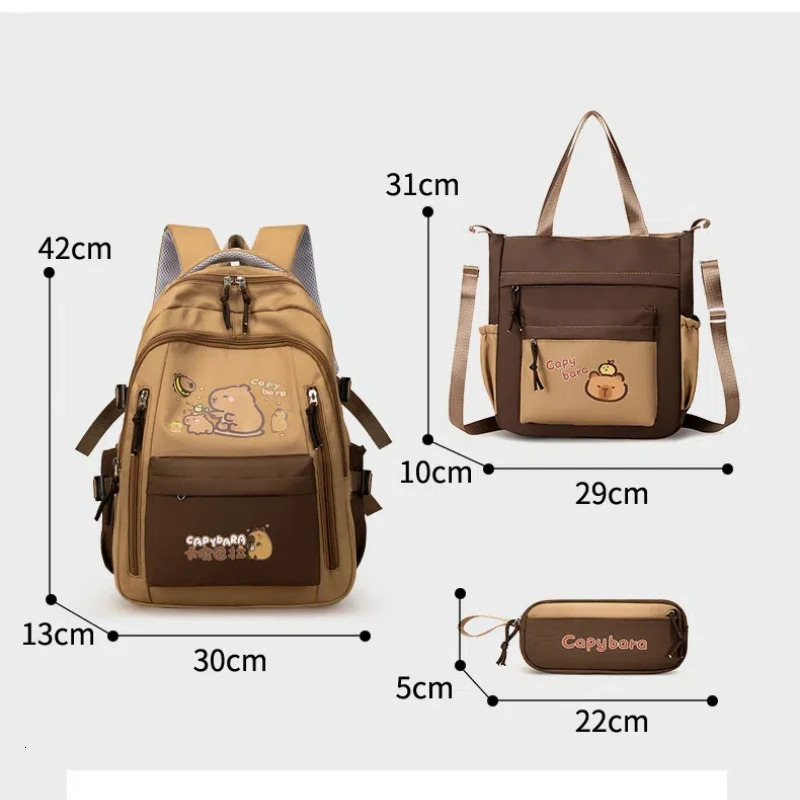 Kawaii Capybara School Backpack 3pcs Girls Bags Set Casual Daypacks Kids Book bag Children Schoolbag Travel 260311