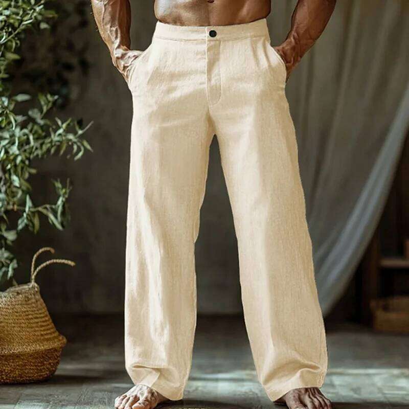 and Linen Beach Loose Straight Leg Breathable Casual Cotton Pants, Men's Jogging Pants