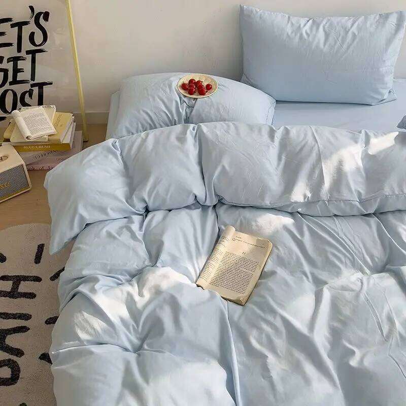 INS Korean Style Fresh Blue Duvet Cover Washed Cotton Sheet Bed Skirt Four-Piece Set Dormitory Simple Solid Color H260312