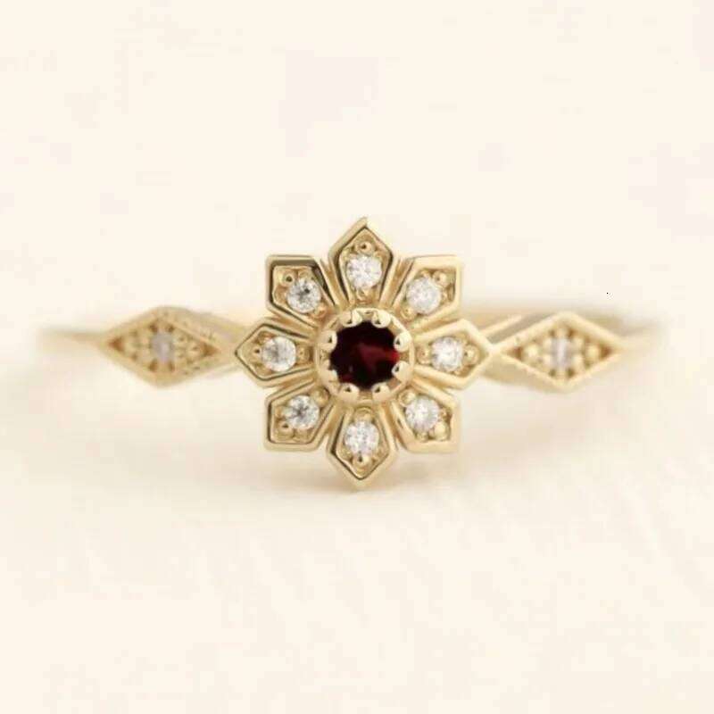 European and American new fashion snowflake shape red gemstone inlaid with personality versatile simple women's ring H260312