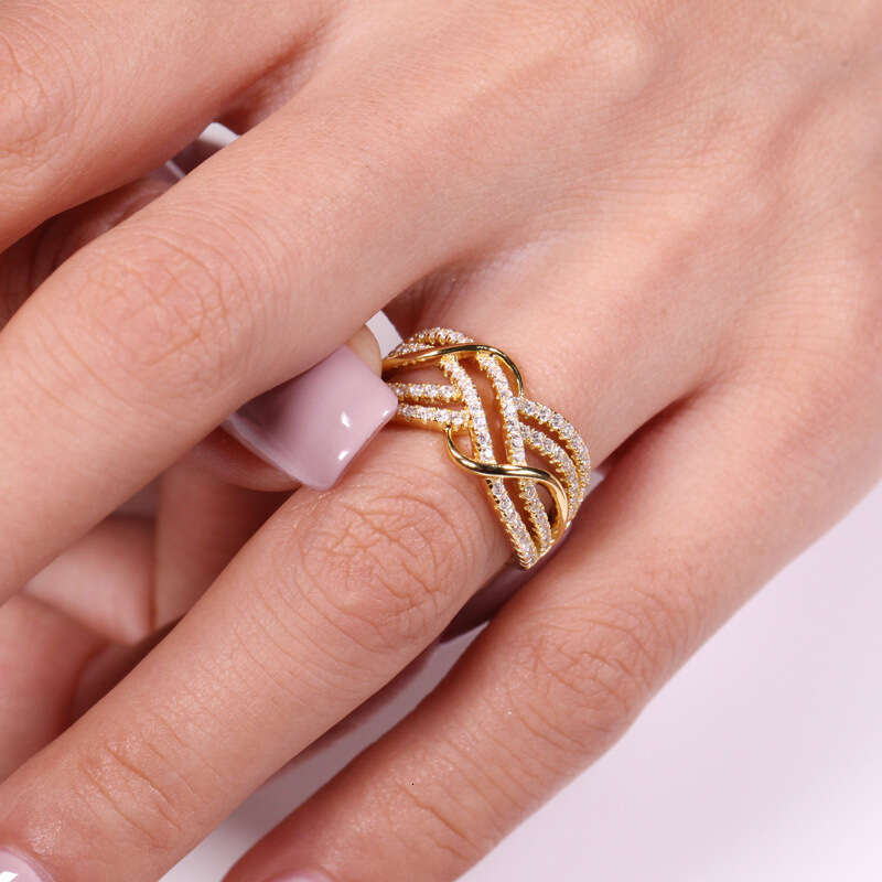 Fashion Band Rings for Women Light Luxury Wave Multi-layer Line Gold Diamond Rings Unique Exaggerated Hollow Ring