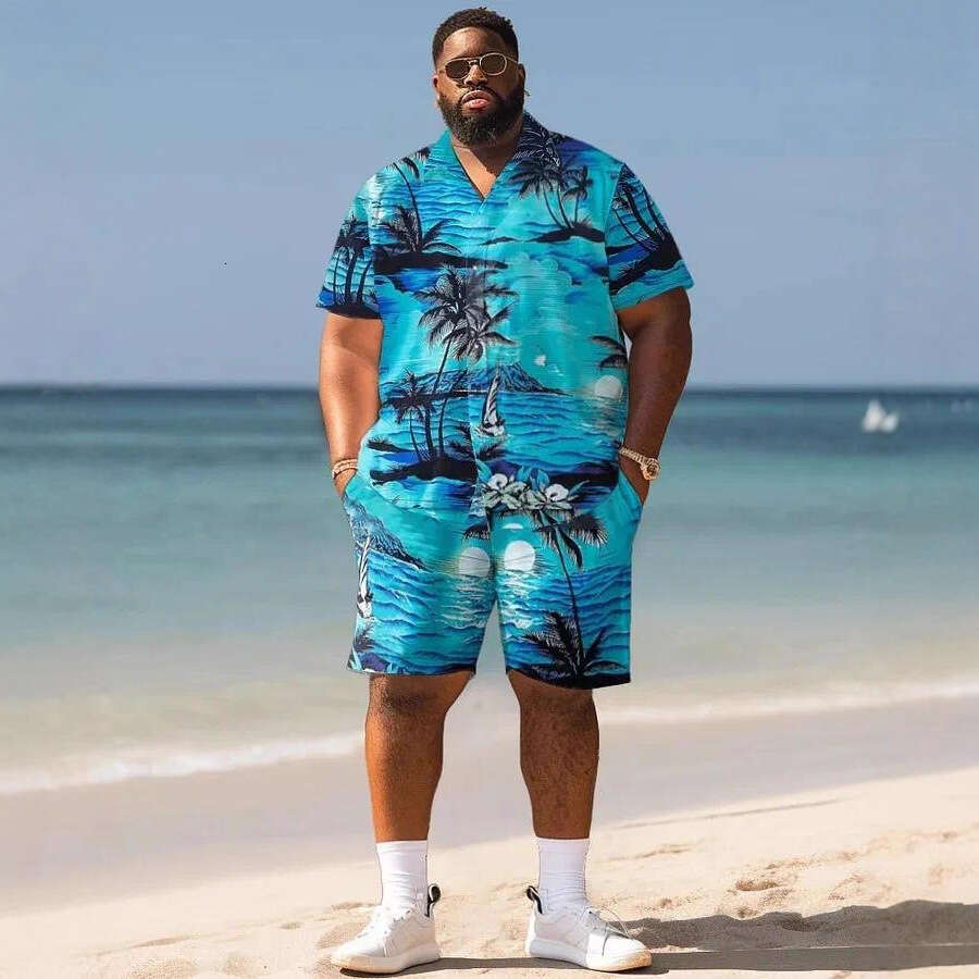Men's summer Cuban collar short-sleeved with special symbol line print men's shirt comfortable, breathable and versatile