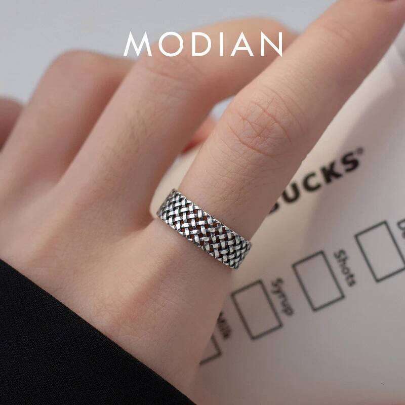 MODIAN 2023 Genuine 925 Sterling Silver Vintage Mesh Design Adjustable Free Size Finger Rings For Women Woven Check Jewelry Anel H260312