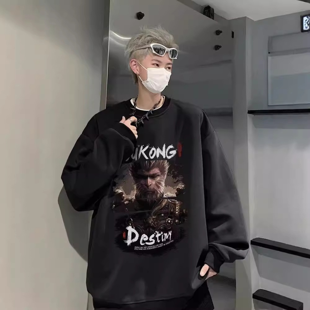 New Autumn Model Black Myth: Designer Hoodie Wukong Printed Crew Neck Sweatshirt For Men Style Burgundy Heavy Long-sleeve Base Shirt