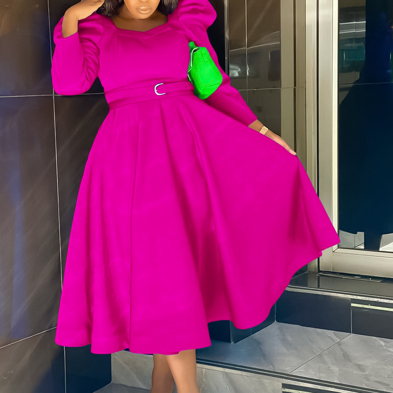 D467 Womens Winter New Fashion Puff Sleeve Plus Size Party Dress