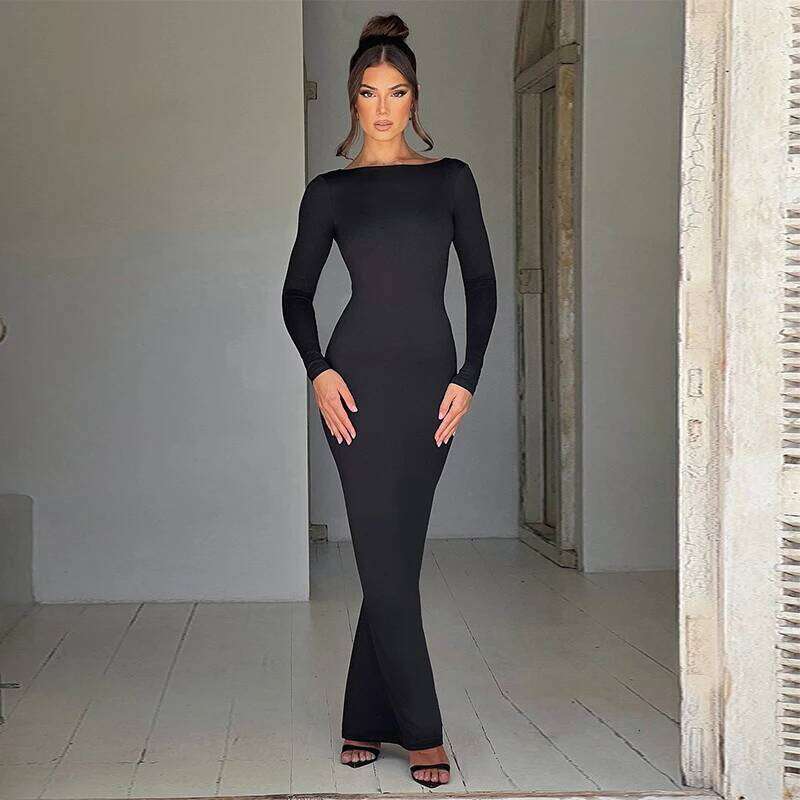 Sexy European And American Girl Pure Color Slim Fit Long Sleeve Backless Dress Spring 2025 New Arrival Elegant Evening Gown C260311