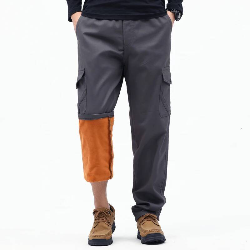 2026 Men's Winter Pants Fleece Lined High Waist Cargo Trouser Male Cotton Thick Warm Straight Leg Plus Size Big Zip Pocket Work