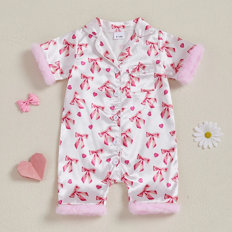 Baby Girl Satin Pajamas Romper born Bow Print Feather Cuffs Short Sleeve Lapel Button Down Silk Sleepwear Infant Loungewear 260311
