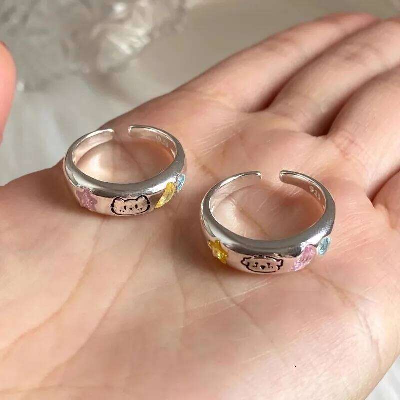 2PCS Korean Sliver Color Zircon Cute Dog Rings for Women Simple Cat Cartoon Couple Ring Fashion Best Friend Jewelry W260311