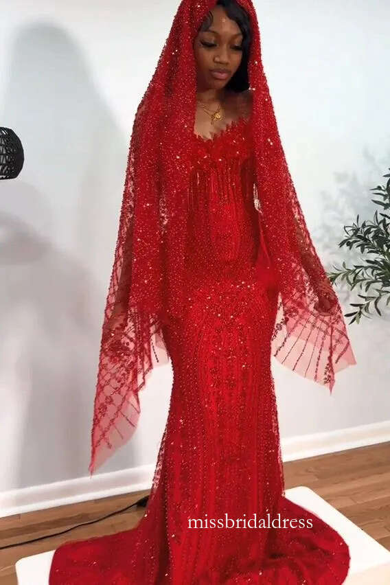 Luxury Red Mermaid Strapless Beaded Prom Dress With Veil For Black Girls 2026 Evening Gala Gowns Robe De Soiree Lux Bc22059 D0312
