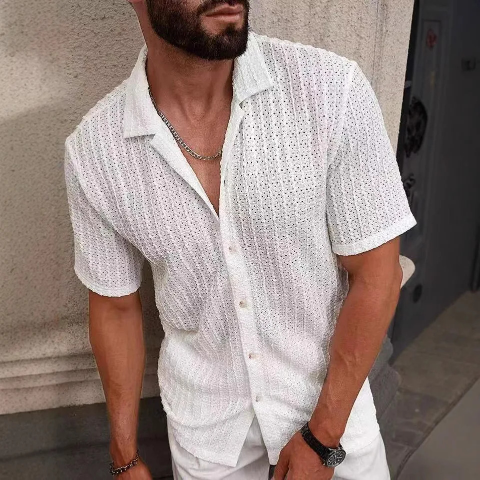 European and American Mens Breathable Hollow Shirt Summer Mens Casual Knitted Shirt Short Sleeved Shirt Short Sleeved Top 260311