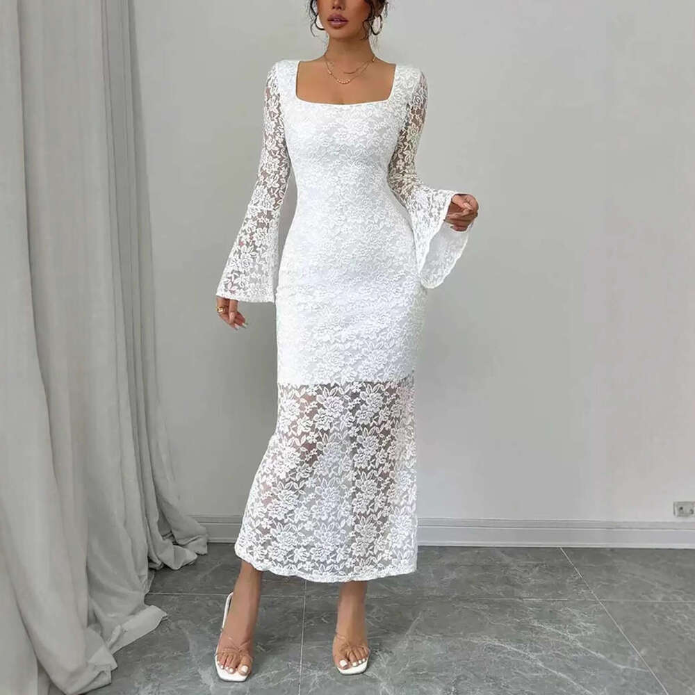 European and American style 2025 autumn new split skirt sexy fashion lace splicing square neck bell sleeve slim-fit dress