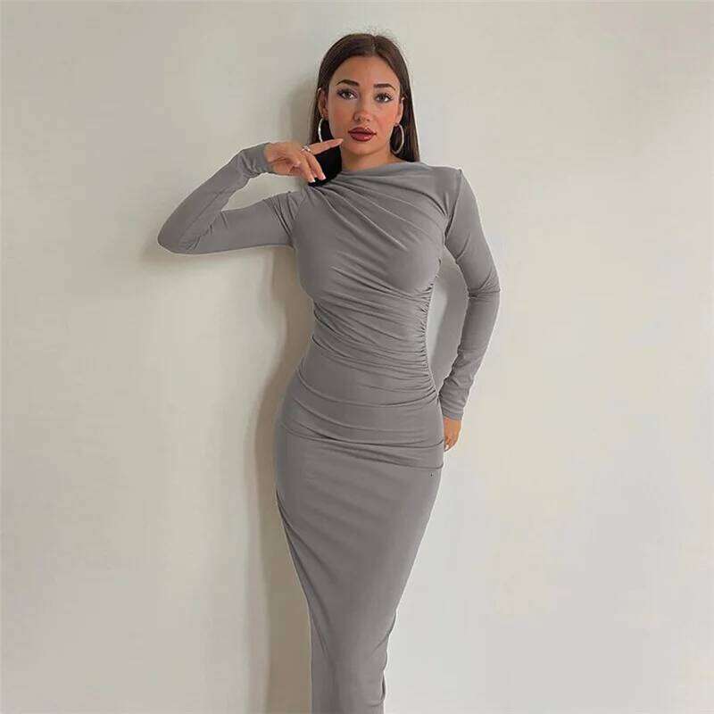 Cryptographic Autumn Elegant Ruched Long Bodycon Dress Fashion Outfits for Women Club Party Sexy Dresses Birthday Robes C260312