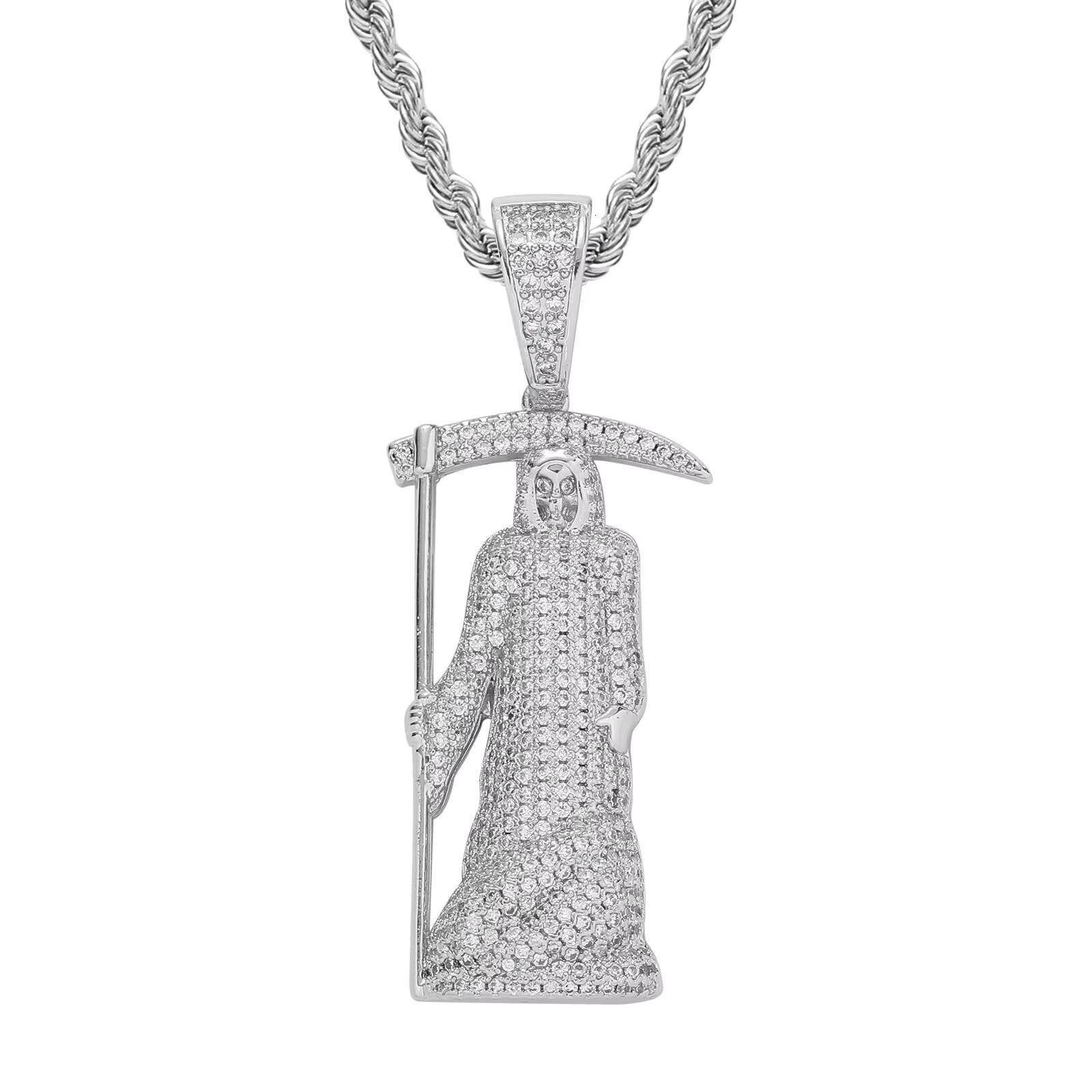 Hip-hop real gold plated full diamond Moissanite skull scythe pendant necklace statement jewelry hip-hop men's style