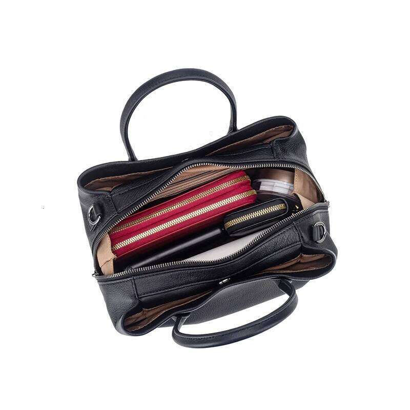 Black Handbag Top Grain Cowhide Leather Soft Multifunctional Women's Fashion Bag With Compartment Organizer